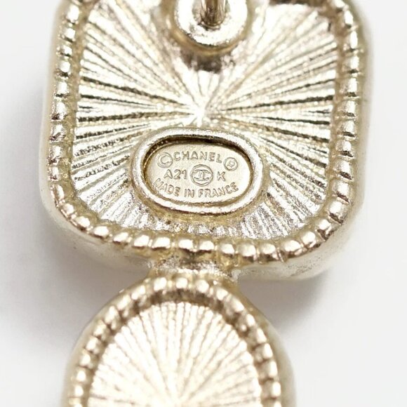 CHANEL CC Logos Rhinestone Pearl Dangle Stud Earrings Gold Tone A21K Auth w/Box - Picture 7 of 8
